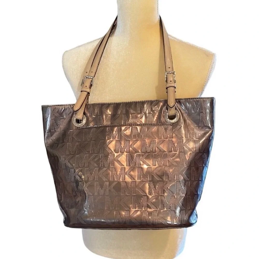 🟤Michael Kors MK Metallic Brown Shiny Tote Grab Handbag Purse w/Leather Straps